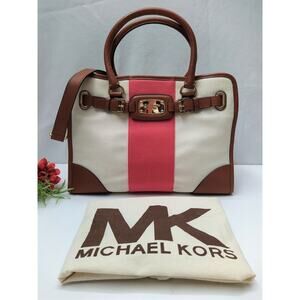 Michael Kors Hamilton Ivory Canvas Leather Trim Red Stripe Satchel Shoulder Bag